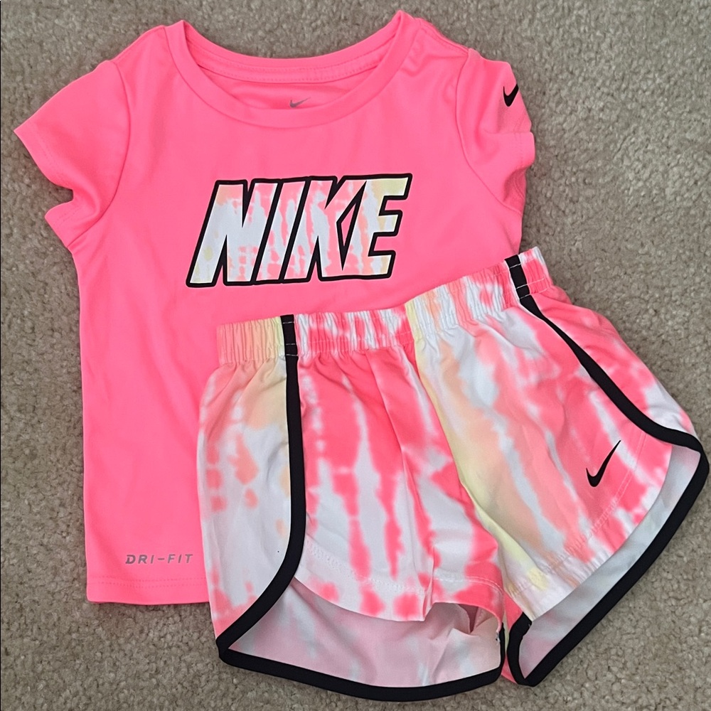 Nike Neon Pink Dri-Fit Tee with Pink & White Tie-Dye Shorts
